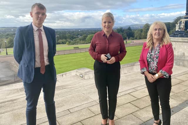 First Minister Designate Michelle O'Neill with Foyle MLAs Pádraig Delargy and Ciara Ferguson.