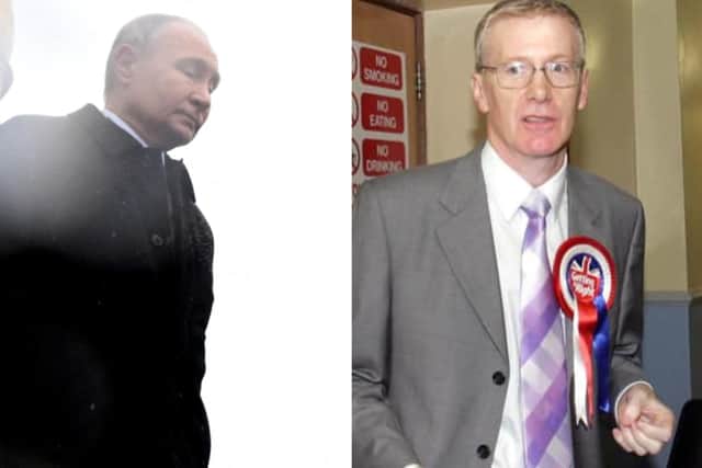 Vladimir Putin, President of the Russian Federation (left) and DUP MP Gregory Campbell (right).