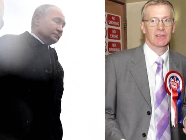 Vladimir Putin, President of the Russian Federation (left) and DUP MP Gregory Campbell (right).