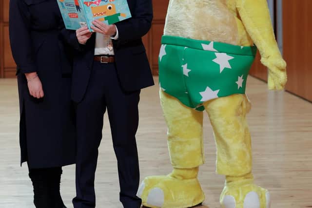 Pictured at the event with PANTS campaign character Pantosaurus were NSPCC NI Assistant Director Bronagh Muldoon and PHA Chief Executive Aidan Dawson