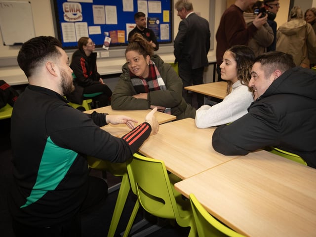 The Foundation's Matthew Lewsley in conversation with a prospective Btec student and her parents on Thursday night.