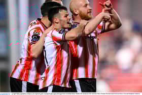 Liam Boyce celebrates scoring his first Derry City goal against Drogheda last April alongside Danny Mullen. Photo by Stephen McCarthy/Sportsfile