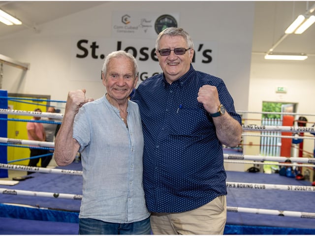 Donegal Boxing Board's Peter O'Donnell pictured with Eugene Duffy (Co. Derry Boxing Board) at St Joseph's ABC.