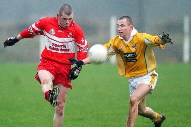 Derry's Francis McEldowney takes on Antrim during the 2004 Dr. McKenna Cup clash in Maghera.