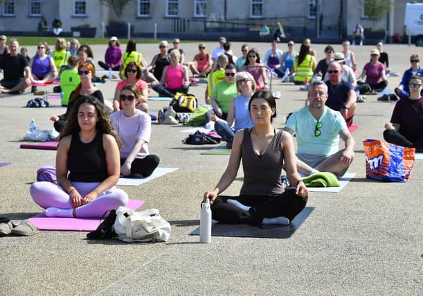 There was a large turnout, in Ebrington Square on Saturday morning, for the Northlands Well Being Yoga event lead by John Bell. The event was part of the Northlands 50th Anniversary Celebrations. Photo: George Sweeney
