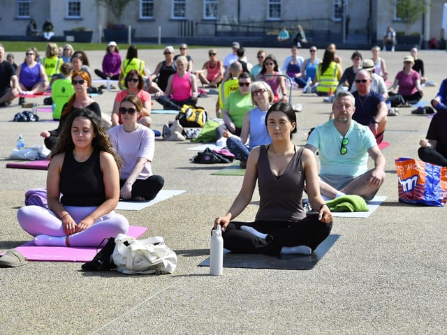 There was a large turnout, in Ebrington Square on Saturday morning, for the Northlands Well Being Yoga event lead by John Bell. The event was part of the Northlands 50th Anniversary Celebrations. Photo: George Sweeney