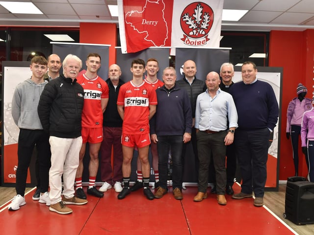 Sponsors, club officials and Fr. Michael Canny, Vicar General of the Derry Diocese, pictured with senior county players John Mullan, Patrick McGurk and Marty Bradley at the launch of Derry’s new home and away jersey, for the 2026/2027 season, at O’Neill’s sports store in Waterloo Place on Thursday evening. Photo: George Sweeney