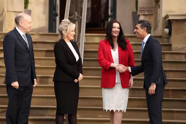 Chris Heaton-Harris, Secretary of State for Northern Ireland, First Minister Michelle O'Neill, Deputy First Minister Emma Little-Pengelly and Rishi Sunak, Prime Minister at Stormont Castle this week. Picture by Jonathan Porter/PressEye
