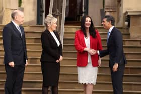 Chris Heaton-Harris, Secretary of State for Northern Ireland, First Minister Michelle O'Neill, Deputy First Minister Emma Little-Pengelly and Rishi Sunak, Prime Minister at Stormont Castle this week. Picture by Jonathan Porter/PressEye