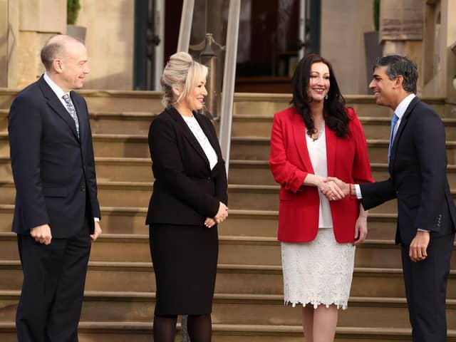 Chris Heaton-Harris, Secretary of State for Northern Ireland, First Minister Michelle O'Neill, Deputy First Minister Emma Little-Pengelly and Rishi Sunak, Prime Minister at Stormont Castle this week. Picture by Jonathan Porter/PressEye