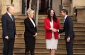 Chris Heaton-Harris, Secretary of State for Northern Ireland, First Minister Michelle O'Neill, Deputy First Minister Emma Little-Pengelly and Rishi Sunak, Prime Minister at Stormont Castle this week. Picture by Jonathan Porter/PressEye