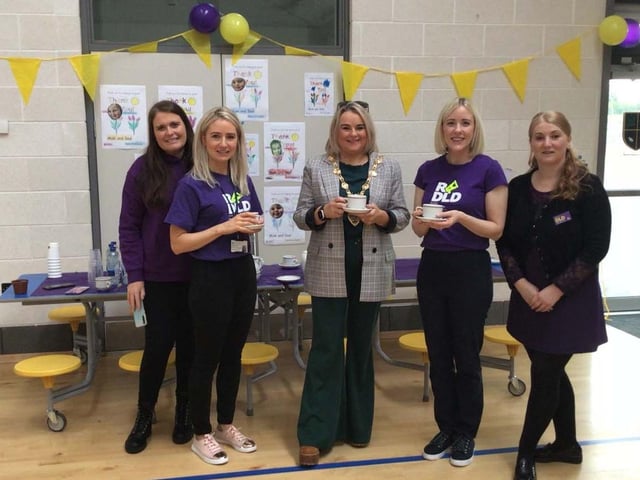 Mrs Farren, Teacher in SLC 2, Bernadine Orr, Speech and Language Therapist in SLC2, Mayor Sandra Duffy, Sinead Marlow,  Speech and Language Therapist SLC1 and Mrs Pentland, Teacher in SLC1