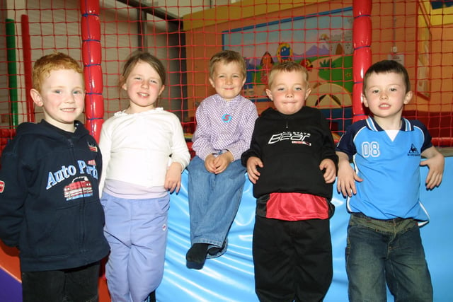 Adam Dickson, Karen Doherty, Aaron Ward, Shaun McLaughlin and Tiarnan Canning smile for the camera at the birthday party in the Fun Factory