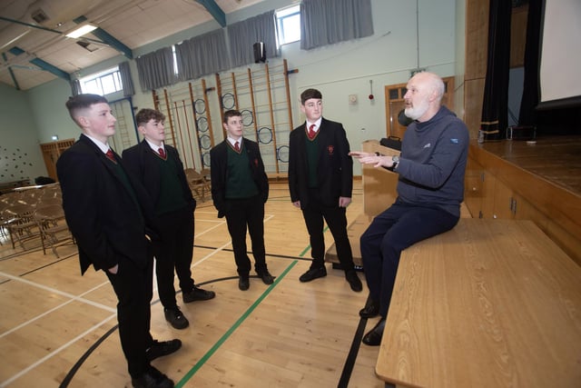 Motivational speaker Glen Hinds chatting to students at St. Joseph's Boys School on Wednesday morning. From left are Andrew Cregan, Dan McSherry, Niall O'Donnell and Calum O'Hagan. (Photos: Jim McCafferty Photography)