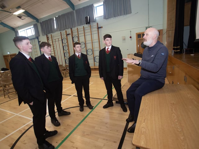 Motivational speaker Glen Hinds chatting to students at St. Joseph's Boys School on Wednesday morning. From left are Andrew Cregan, Dan McSherry, Niall O'Donnell and Calum O'Hagan. (Photos: Jim McCafferty Photography)