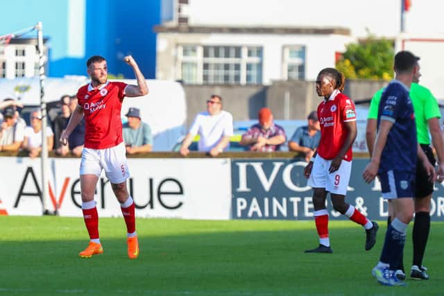 Patrick McClean celebrates his opening goal against Derry City. Photographs by Kevin Moore.