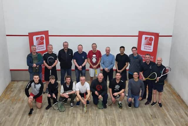 L to R: Dan Greenaway and William Nicholson (Ulster Squash Board Members), Sandra Duffy (Mayor of Derry and Strabane Council) and Paul McCusker (Chair of Foyle Squash).