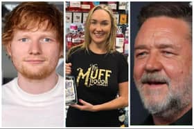 Ed Sheeran. (Photo by Jamie McCarthy/Getty Images), Muff Liquor Company's Laura Bonner and Russell Crowe. (Photo by Lisa Maree Williams/Getty Images)