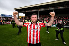 Patrick McClean of Derry City celebrates following the Club Orange Men's FAI Cup semi-final match between Galway and Derry City at Eamonn Deacy Park in Galway. Photo by Stephen McCarthy/Sportsfile