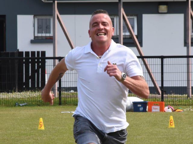 Steelstown parent Mr Stewart showing Olympic stamina in the Parent race on Friday.
