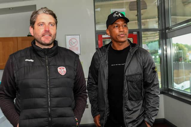 Derry City’s new signing Andre Wisdom arriving at the Brandywell with Ruaidhri Higgins. Photo: George Sweeney