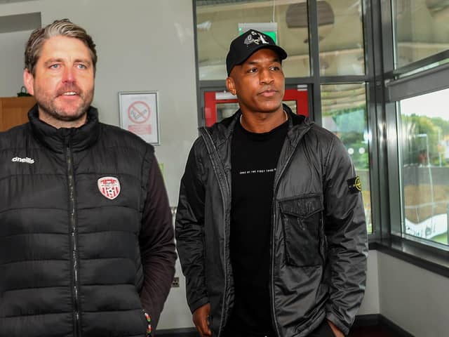 Derry City’s new signing Andre Wisdom arriving at the Brandywell with Ruaidhri Higgins. Photo: George Sweeney