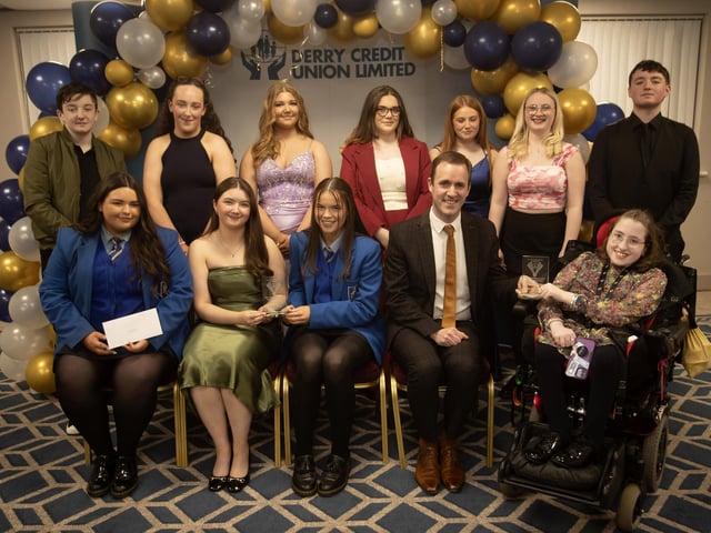 Derry Credit Union's Annual Young People's Awards 2025 winners receiving their prizes at the Waterfoot Hotel on Monday evening last from Owen McColgan, Keynote Speaker and Sarah Lindsay, Youth Committee member.