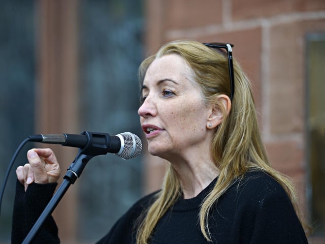 Dr Nicola Herron speaking at the Freedom for Palestine march and rally, in Guildhall Square, on Saturday afternoon.  Photo: George Sweeney