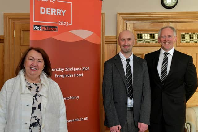 Pictured at the launch of the Best of Derry 2023 Awards in the Guildhall are, from left, Sandra Biddle, Foyle School of Speech and Drama, recipient of the 2022 Lifetime Achievement Award, Brendan McDaid, Digital Editor of the Derry Journal and principle sponsor Paul McLean, managing director of BetMcLean. Photo: George Sweeney. DER2308GS – 87