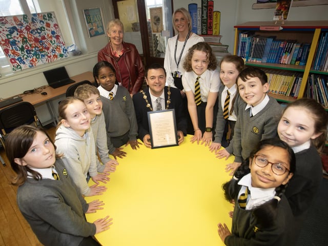 The Model PS Student Council receiving the 'Anti-Racism Charter' from the Mayor, Ruairi McHugh at the school last week. Included are Ms. Daisy Mules, chair, board of governors, and Mrs. Julie McCarter, Principal. (Photos: Jim McCafferty Photography)
