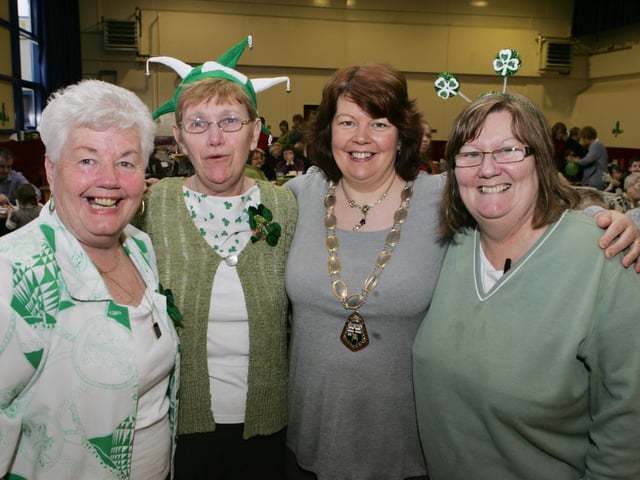 The Deputy Mayor of Derry, Councillor Patricia Logue, with Rita McLaughlin, Ita McBride and Frances Friel at the Shared City Project St. Patrick's Day celebrations. (1803C88)