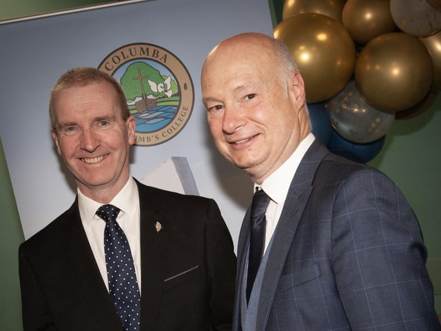 Mr FJM Madden, Principal, St Columb’s College welcoming Professor Paul Bartholomew, Vice Chancellor, University of Ulster and guest speaker at the recent Senior Prizegiving in the school.
