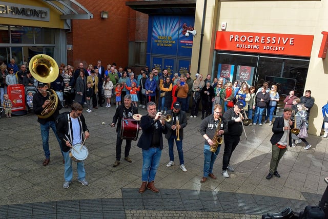 The Jaydee Brass Band performs at the Richmond Centre Steps during Derry’s Jazz Festival Weekend. Photo: George Sweeney. DER2318GS – 12
