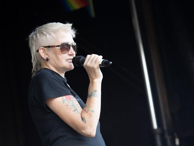 Sha Gillespie addressing the attendance at the Foyle Pride Parade in Guildhall Square, Derry on Saturday (Photos: Jim McCafferty Photography)