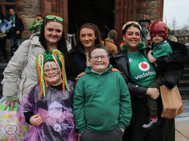 The Harkin and Wasson families on St. Patrick’s Day in the Guildhall Square.  (Photo - Deirdre Heaney, nwpresspics)