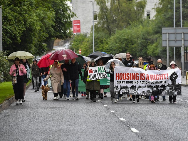 Derry Housing Action Committee protest march over housing crisis makes its way along Duke Street on Saturday afternoon.  Photo: George Sweeney