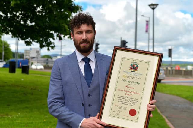 Endurance athlete and Health and Wellbeing Campion Danny Quigley pictured after he was conferred with the Freedom of the City and Strabane, at a special ceremony in the Guildhall.  Photo: George Sweeney.  DER222GS – 007