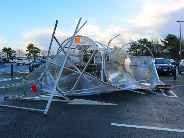 Trolley bays at Sainsburys damaged by Storm Isha. Photo: George Sweeney
