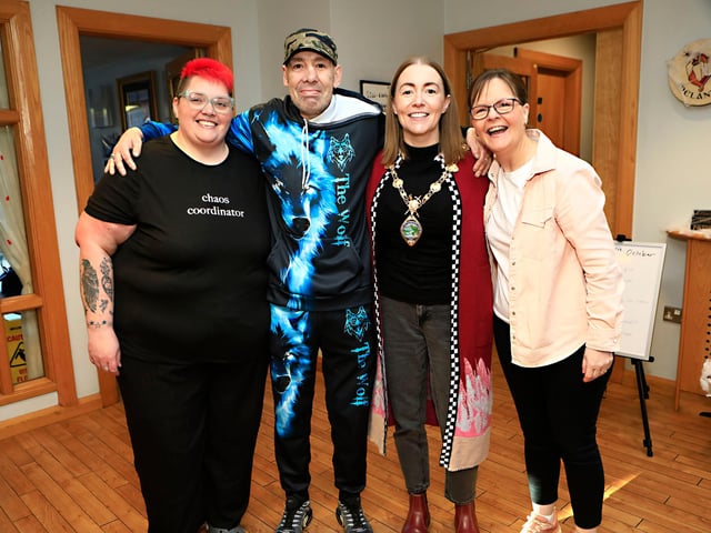 Mayor Grace Uí Niallais with Kathy Kelly, and from right, Kaylee Doherty and Dousie Duff at the Macmillan Coffee Morning held in House in the Wells. (Photo - Tom Heaney, nwpresspics)