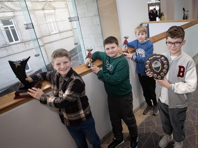 P7 Boys Brody Donaghy, Caleb McGrath, Daniel Moynihan and Noah Given. : Foyle School of Speech and Drama's fantastic annual charity feis for the Foyle Hospice