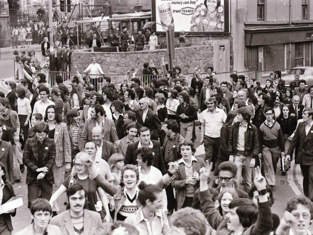 Pictured are people taking part in anti-internment demonstrations across Derry in August 1975 on the anniversary of the introduction of internment without trial in the north of Ireland four years earlier on August 9, 1971. Photos: Derry Journal.
