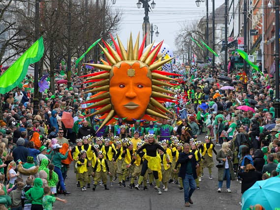 The Derry St Patrick’s Day parade makes its way towards the city centre. Photo: George Sweeney.