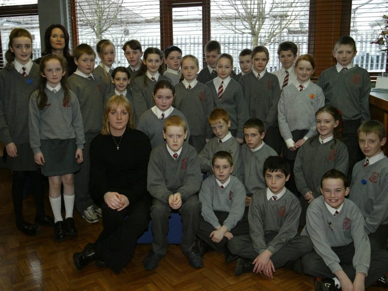 Pupils and teachers from Holy Family Primary School pictured this week during a visit to the Journal's Buncrana Road offices.