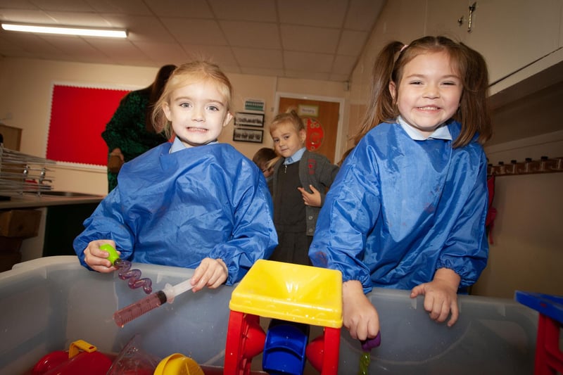 Caragh and Abbie are having lots of fun playing and discovering at the water tray in St. Brigid's PS this week.