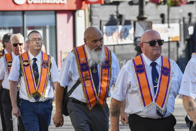 Orangemen take part in the July 12 celebrations in Derry’s city centre on Saturday morning. Photo: George Sweeney