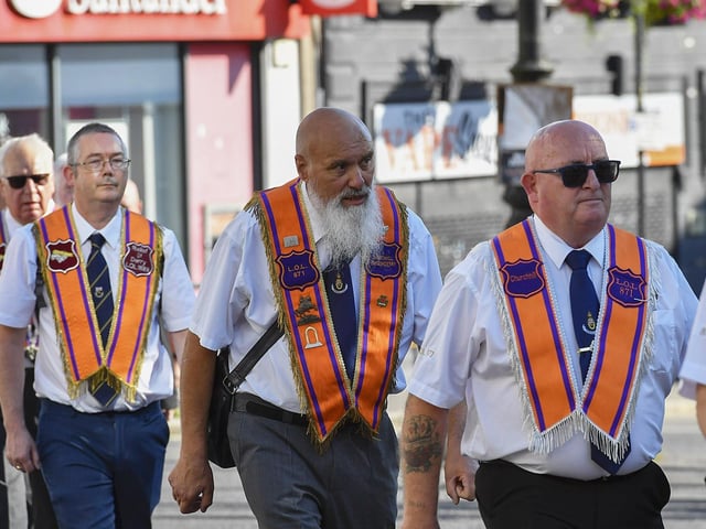 Orangemen take part in the July 12 celebrations in Derry’s city centre on Saturday morning. Photo: George Sweeney