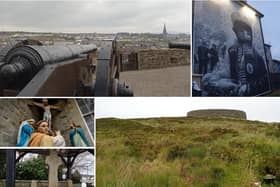 Clockwise from top left: Derry's Walls, one of the iconic Bogside Artists' murals, Grianan of Aileach, the Carndonagh Cross and a life sized statue of St Columba at St Columba's Long Tower Church.