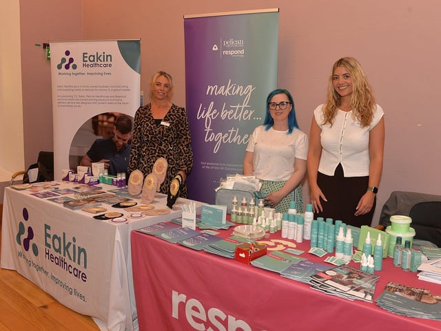 Eakin Health Care and Pelican Respond representatives Sinead McPharland (left), Emma Johnston and Julie Comsa pictured at the Stoma Information Day, hosted by the lleostomy and Internal Pouch Association (IA), held in the Magee Campus of Ulster University on Saturday last. Photo: George Sweeney