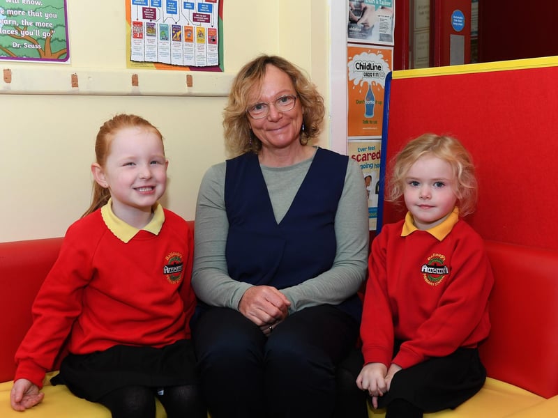 Mrs Park with P1 pupils Isla and Olivia at Ballougry Primary School.