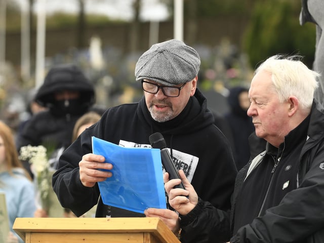 Belfast Republican Seamus Fitsimmons speaking at the Saoradh Easter Commemoration leaving Creggan Shop to City Cemetery.  (Photo - Tom Heaney, nwpresspics)